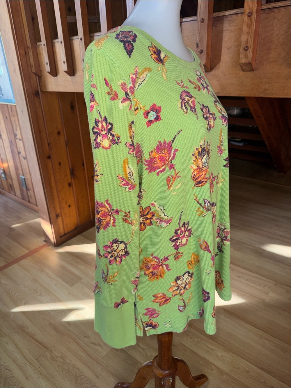 Belle Kim Gravel size 2X Green Floral Long Sleeve Waffle Knit Top shirt - Picture 3 of 12